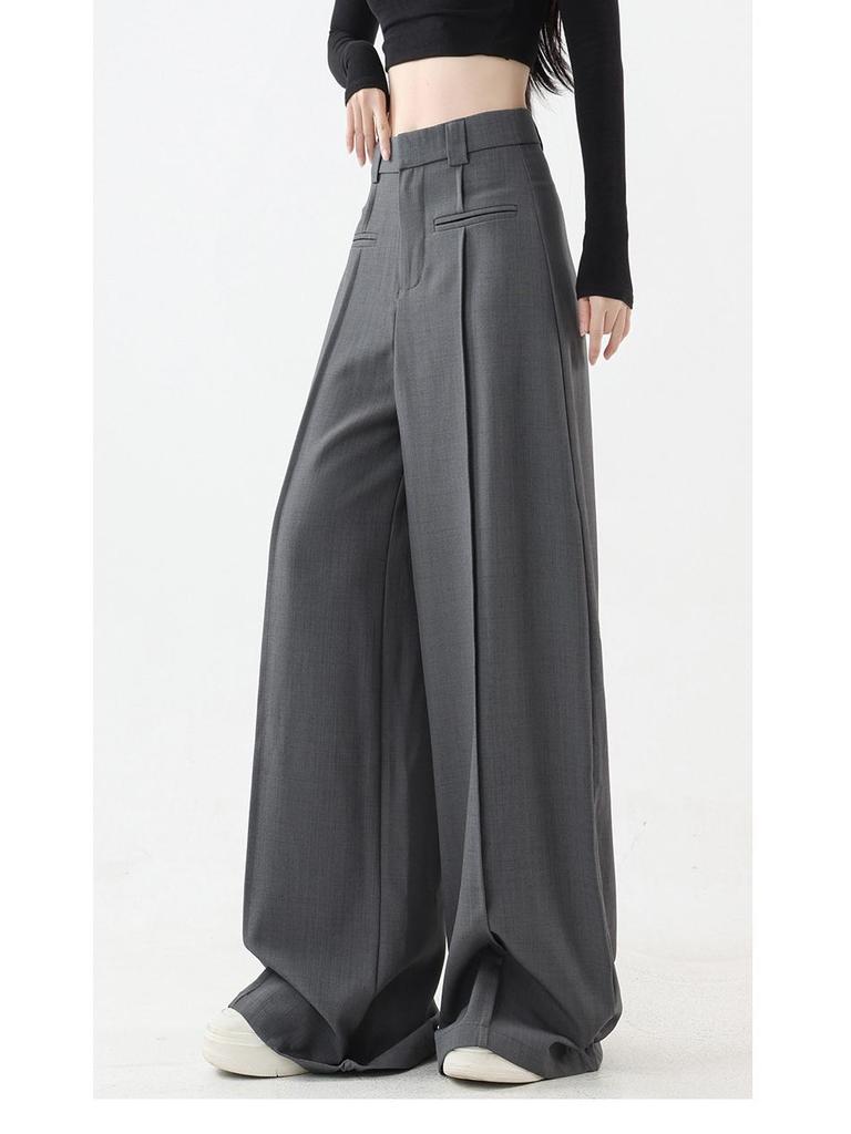 2025 High Waist Slim Straight Women's Floor-Length Drape Pants - Spring & Autumn Wide-Leg Suit Style.