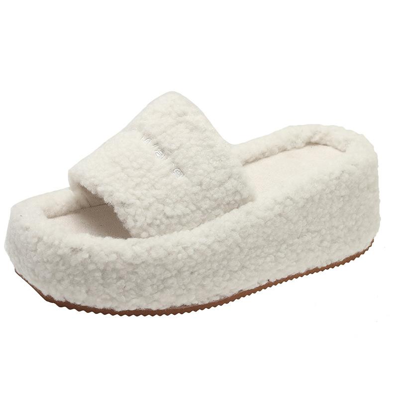 

Fashion Thick Fluffy Fur Slippers 2025 New Women Winter House Warm Furry Slippers Women Flip Flops Home Slides Flat Indoor Floor Shoes 35 бежевый