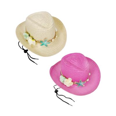 Kids Adjustable Straw Sun Hat Windproof Beach Head Accessory Panama Hat with Sea Shell Decors For Pool Parties Seaside