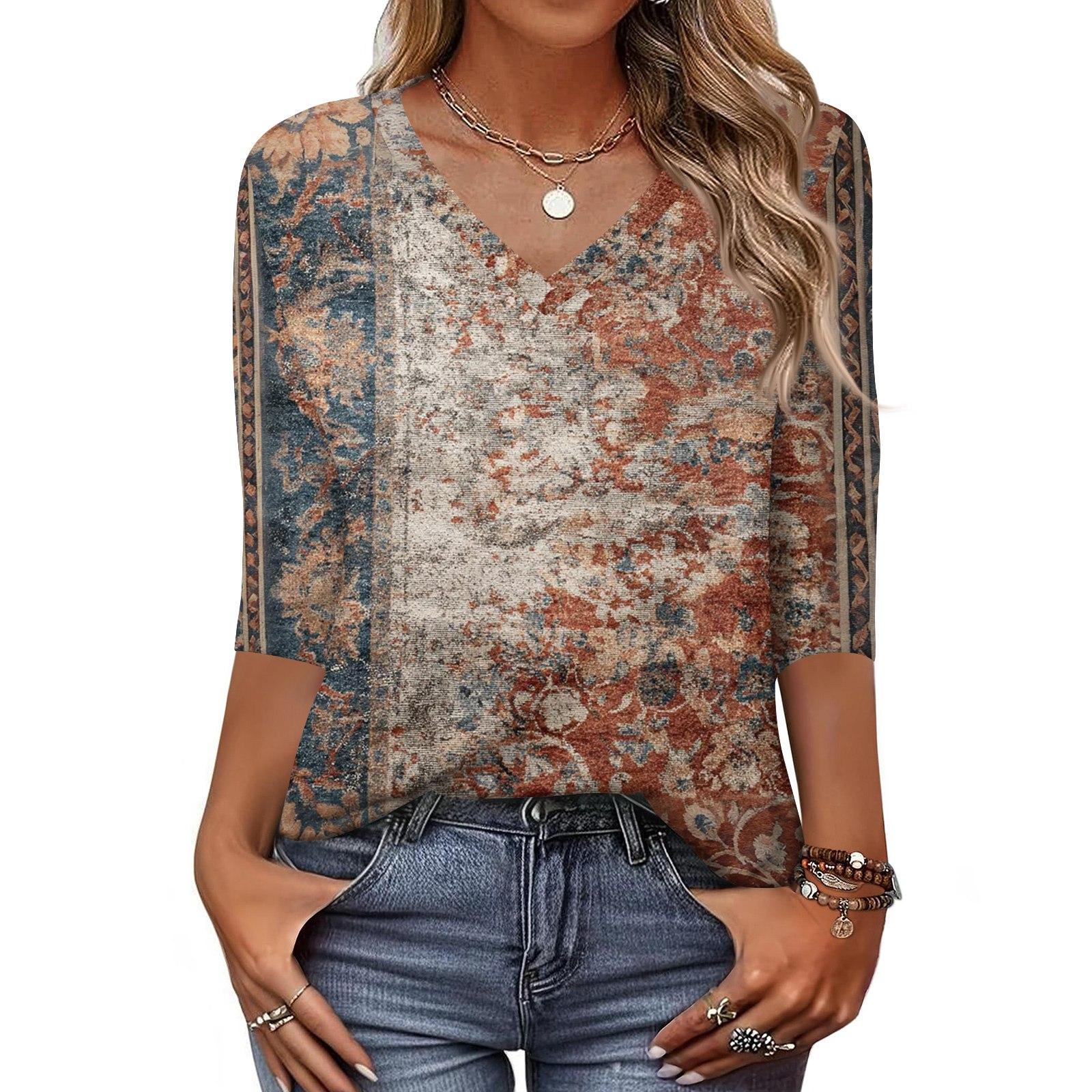 

Женская футболка с принтом, рукав 3/4, повседневная мода на выходные, базовый топ с V-образным вырезом L хаки