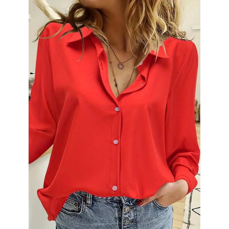 

Весняно-літня шифонова блузка великого розміру, модна жіноча повсякденна однобортна сорочка з лацканами, однотонна, з довгими рукавами, жіночий топ 5XL червоний