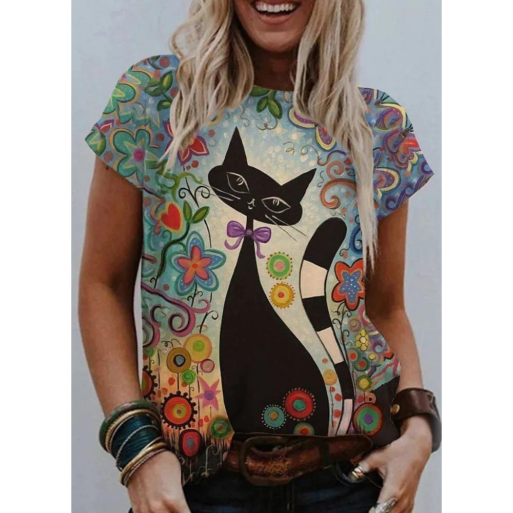 New Summer 3D Printing for Women Cute Cat Fashion 2025 New Harajuku Animal Short Sleeve Oversized