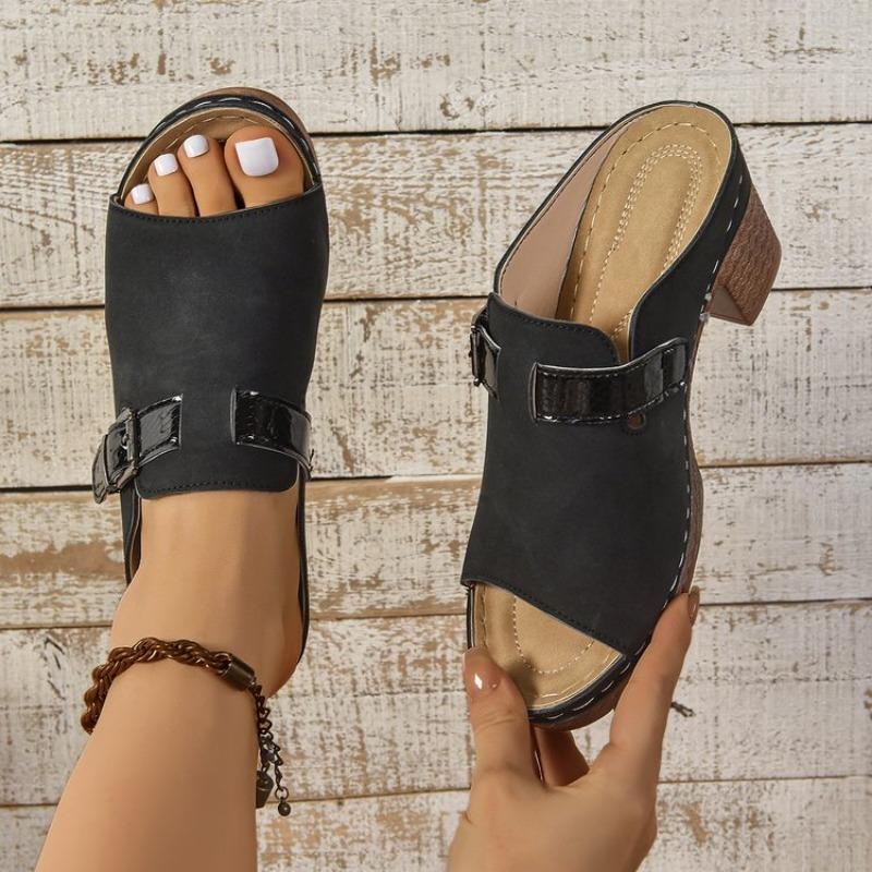 Fashion 2025 Summer Women's Fashion Casual Slippers Solid Color Square Root Anti-Slip Sandals  with Heels and Open Toes Summer Slippers