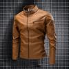 Solid Color Stand Collar Long Sleeves Pockets Zipper Placket Men Jacket Autumn Winter Fleece Lining Faux Leather Motorcycle Windbreaker