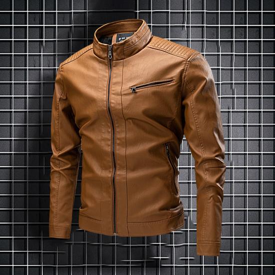 Solid Color Stand Collar Long Sleeves Pockets Zipper Placket Men Jacket Autumn Winter Fleece Lining Faux Leather Motorcycle Windbreaker