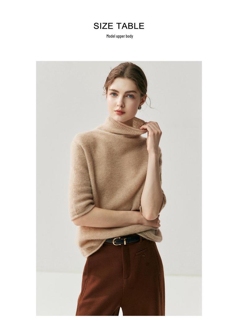2025 Women's Autumn/Winter Herbalife Cashmere High-Neck Rolled Edge Half-Sleeve Sweater