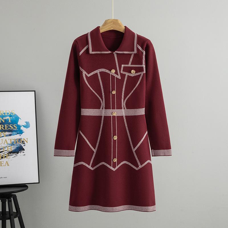 

Women s Striped POLO Collar Knit Dress - Spring/Autumn Mid-length Waist-cinching Skirt One Size вина червоного кольору