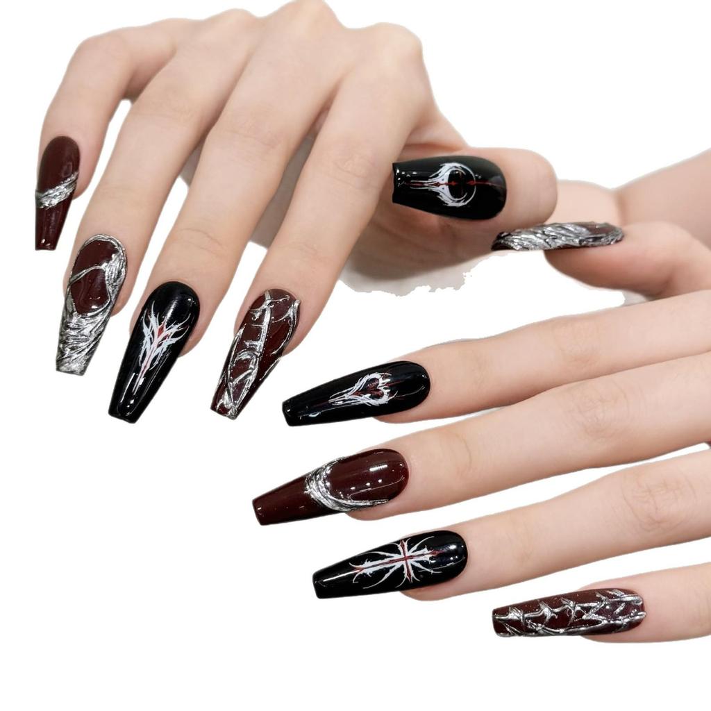 Yihe Wearable Nails - Dark Goth Red & Silver Manicure Set for European & American Styles