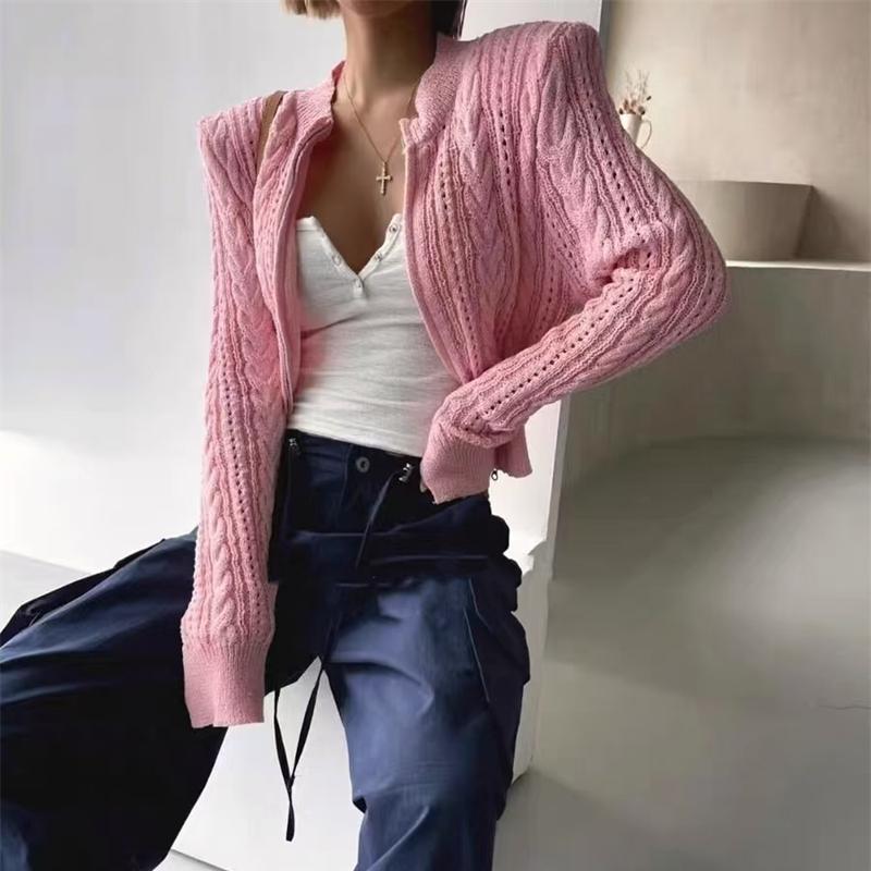 

Stand-up collar zipper twist pattern shoulder pad knitted cardigan, fashionable short exquisite hollow sweater jacket one size fits all розовый