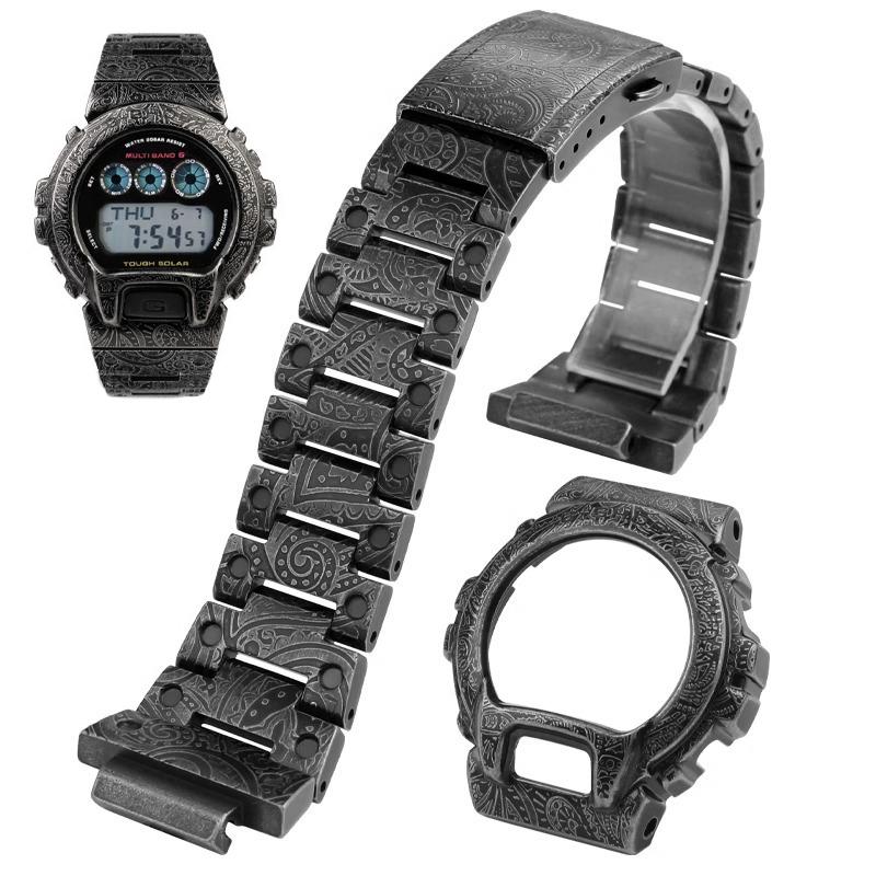 For Casio G-SHOCK Modified Metal Case Strap DW-6600 DW-6900 DW-6903 DW6900 Stainless Steel Retro Carved Watch Bezel Watchband