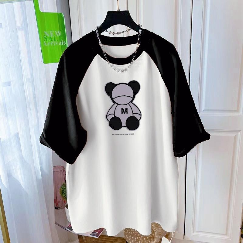 New Summer Short-sleeved T-shirt for Women's Pure Cotton Loose Large Size Bottom Missing Mid-length Contrast Top