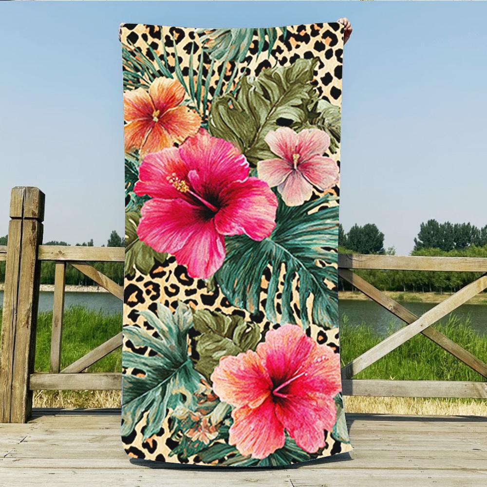 Leopard Tropical Flower Beach Towel 1Pc Microfiber 2D Flat Printed Sandproof Waterproof Summer Pool Swim Bath Towel