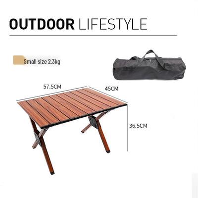 Compact Aluminum Folding Table: Wood Grain Finish, Portable Roll-up Design for Camping, BBQ, and Beach Trips