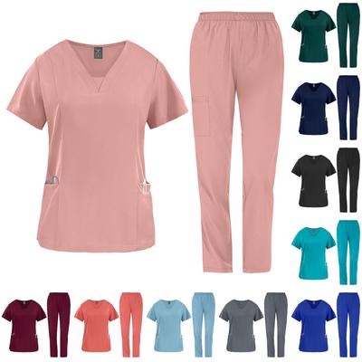 Women's Fashion Solid Short Sleeve V Neck Pattern Tops Pocket Working Set