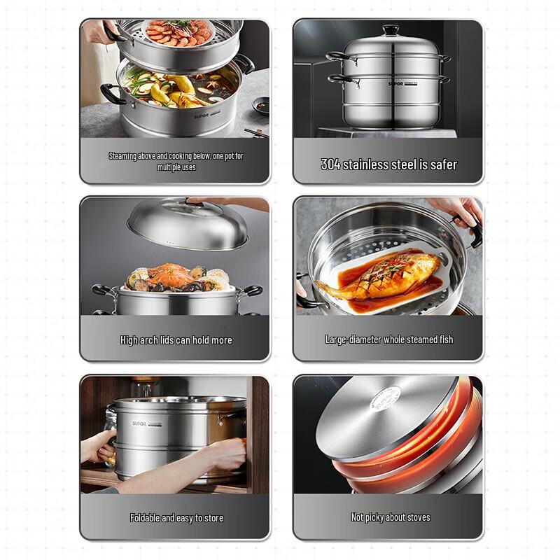 SUPOR 30cm Double-Layer 304 Stainless Steel Steamer Pot