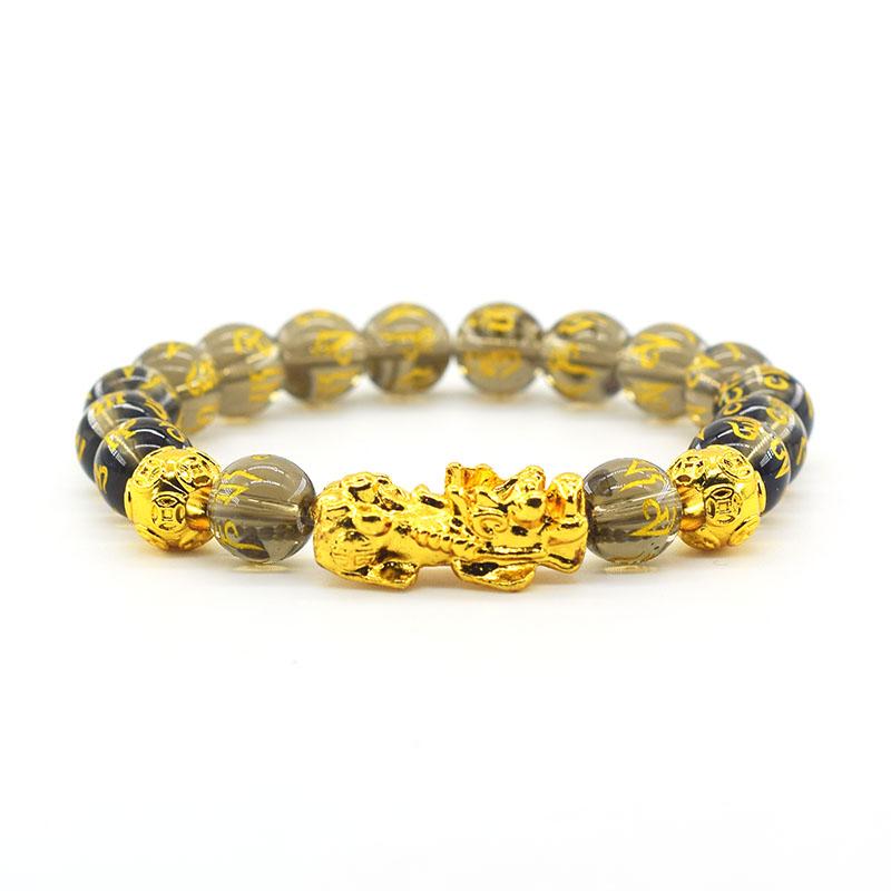 

Pixiu Bracelet Feng Shui Wealth and Good Luck Bracelet Homme Wristband Gold Color Obisidian Stone Beads Black Six Character Gift 10mm Beads&17cm(6.69inch)