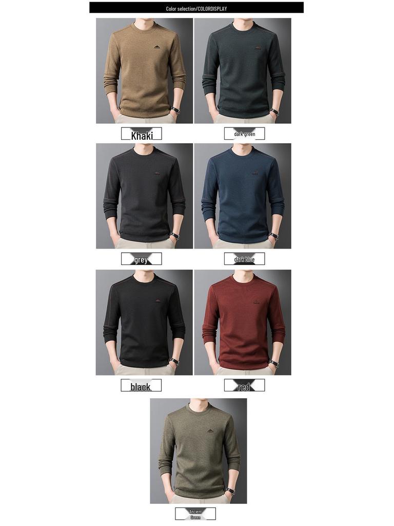 Mid-Aged Men's Winter Plus Velvet Hoodie - Casual, Loose Fit, Round Neck Base Layer Top.