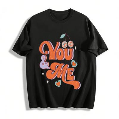 Retro You & Me Cherry Print Casual Top For Men And Women Pure Cotton T-shirt