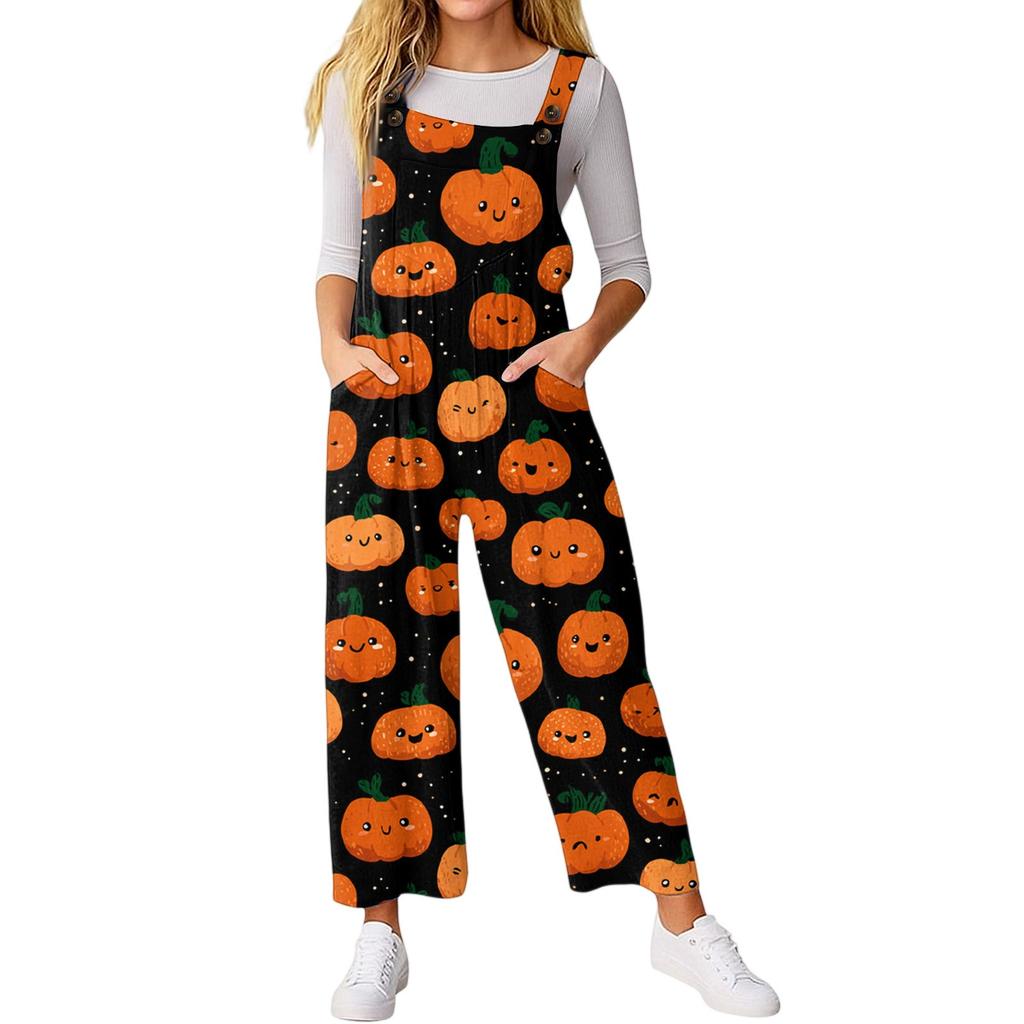 Women’s Loose Casual Sleeveless Jumpsuit Halloween Printed Jumpsuit Printed Jumpsuit