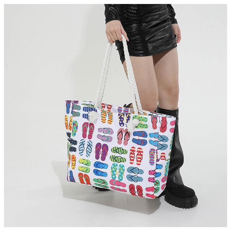 Women Canvas Beach Tote Bag Large Capacity Summer Shoulder Bag Zipper Closure Travel Shopping Handbag