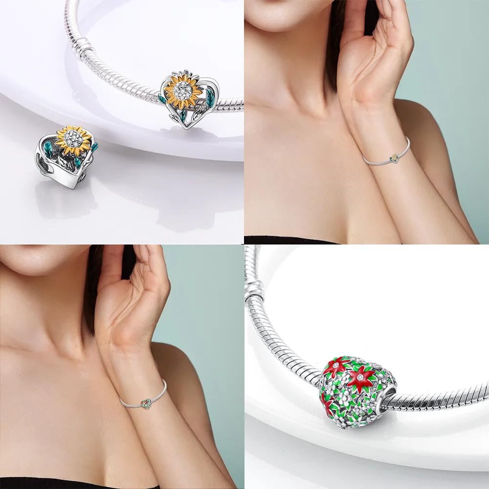 Original Copper Pink Heart Zircon Flowers Cats Sunflowers Beaded Charm Fit Bracelet Women Gift Diy Jewelry Set