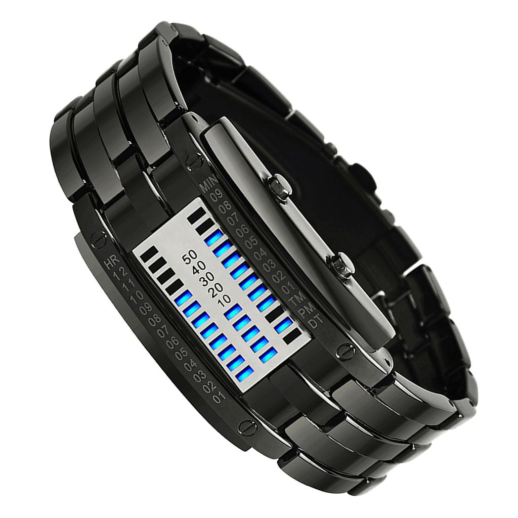 Mens Binary Watch Casual Sports Blue Backlight Fashion Quartz Movement LED Digital Wristwatch for Outdoor Parties Black