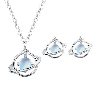 Moonstone Planet Set Necklace Stud Earrings Temperament With Dream Planet Style Women'S Light Luxury Jewelry