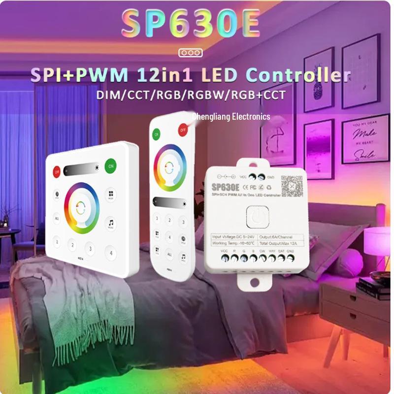 SP630E Bluetooth LED Controller: RGBCW, Single/Dual Color Temp, Magic Color Strip Dimming via App.