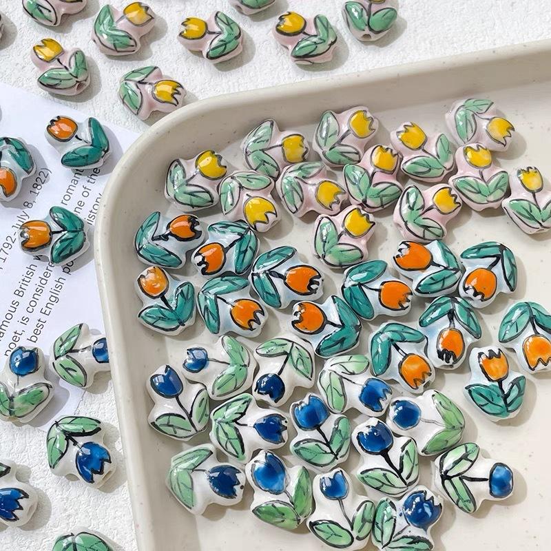 Ceramic Hand-painted Printed Tulip Perforated DIY Jewelry Bracelet Necklace Earrings Bead Accessories