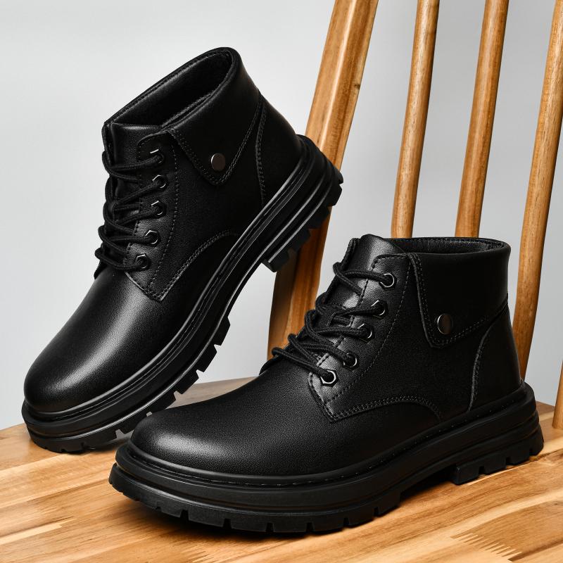 Non-Slip Male Motorcycle Boots Simple Plush Fur Snow Botas Genuine Leather Men Ankle Boots Handmade Autumn Winter High Top Shoes