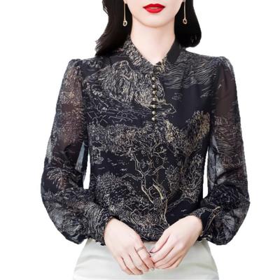 Frühlingsneues bedrucktes Chiffonhemd für Damen, langärmeliges bedrucktes Oberteil, lockeres und dünnes Hemd zum Bedecken des Bauches