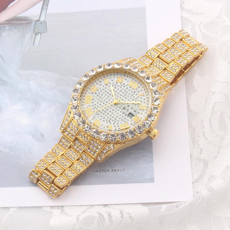 Neue Europäische Strass- und Stahluhr mit Hip Hop Cuban Armband