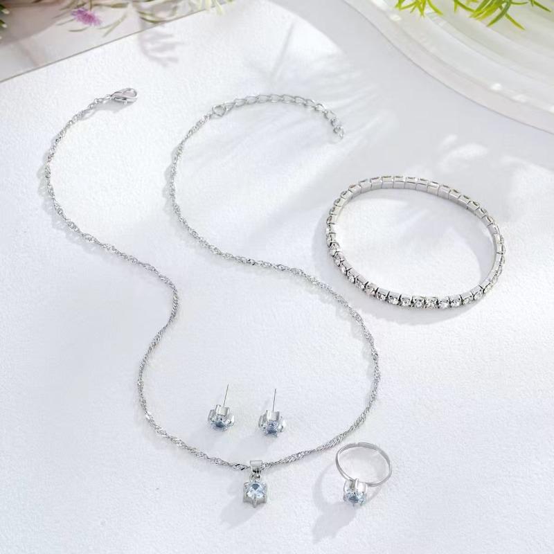 Round Zircon Pendant Earrings Bracelet 4pcs Jewelry Set Round Zircon Versatile Necklace Daily Party Matching Jewelry For Women