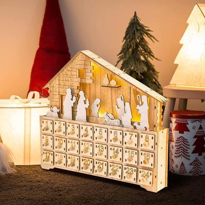 Christmas Nativity Scene Drawers Advent 24 Days Wooden Christmas Decor Crafts Countdown Calendar Drawer With LED Light For