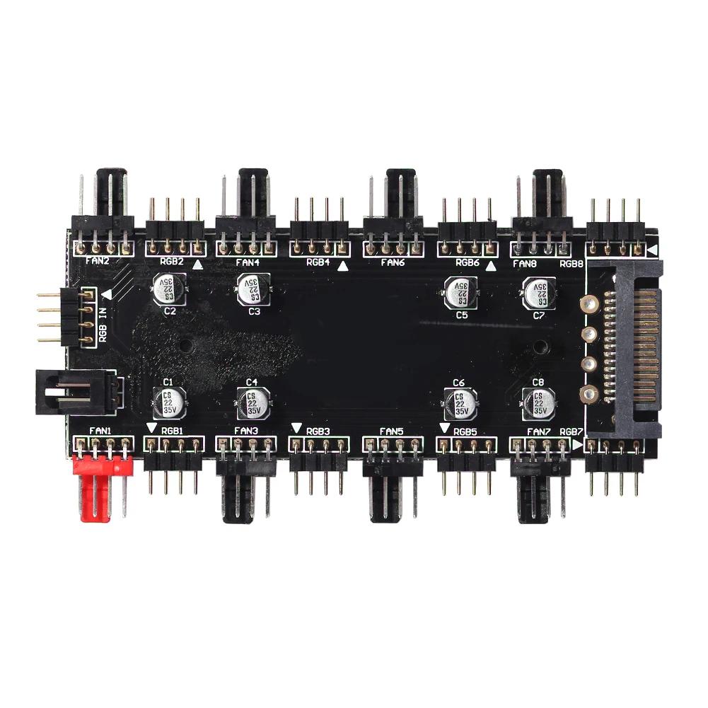 12V/4Pin 5V/3Pin RGB Fan Hub Controller 1 to 8 Multi Way Splitter PWM Hub PC Speed Controller Adapter for ASUS/MSI Hook-and-loop