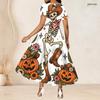 Women Plus Size Round Neck Short Sleeve Printed A Line Long Dress Halloween Raccoon Pumpkin Pattern