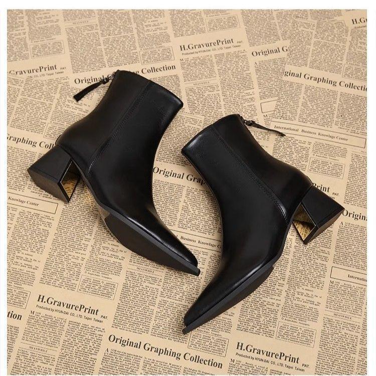 Soft leather pointed short boots women's new single boots thick heel medium heel thin high heel boots bare boots