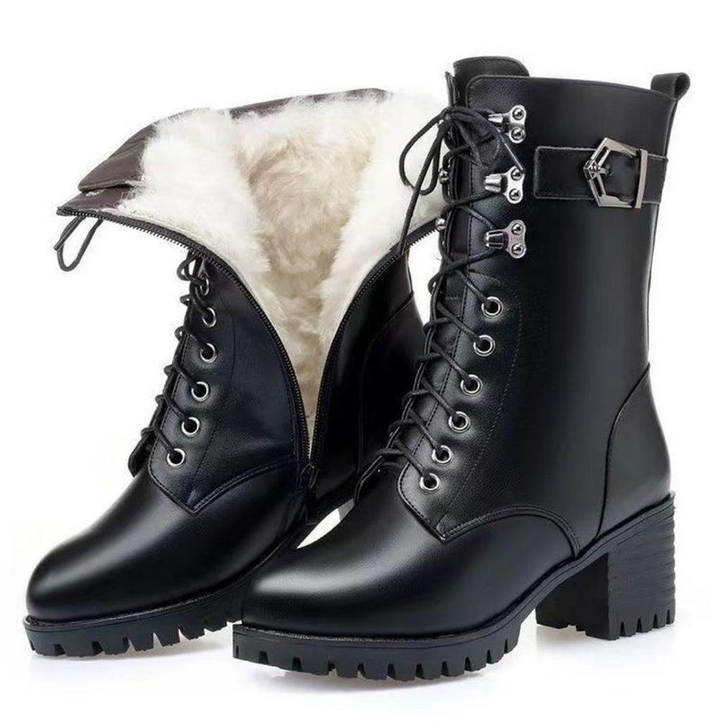 Winter High-heeled Leather Women Winter Boots Thick Wool Warm Women Military Boots High-quality Female Snow Boots