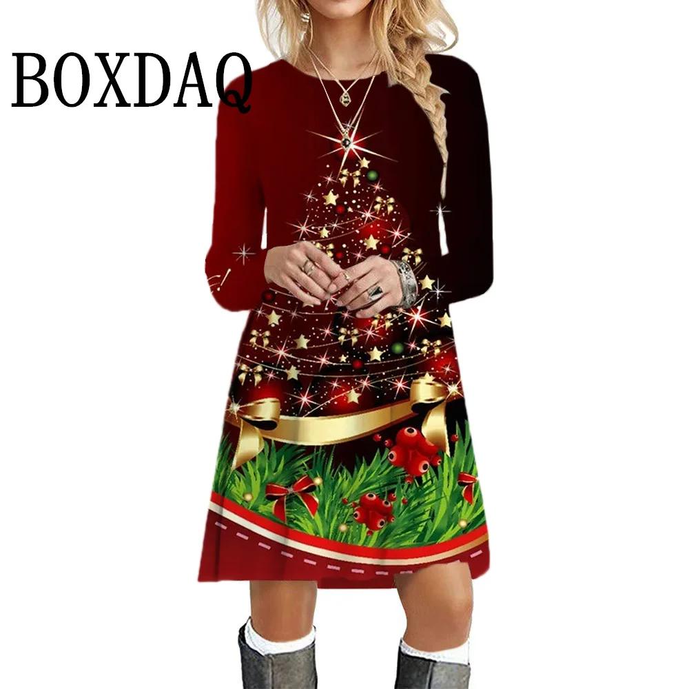 Fashion Christmas Women Party Dresses Funny Cute Santa Claus 3D Printed Loose Casual Long Sleeve Dress Autumn Winter Clothes