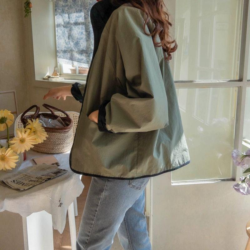 Women's Versatile Reversible Plaid Short Jacket - Korean Style, Spring/Autumn 2025, Loose Fit, Small Size Trench Coat