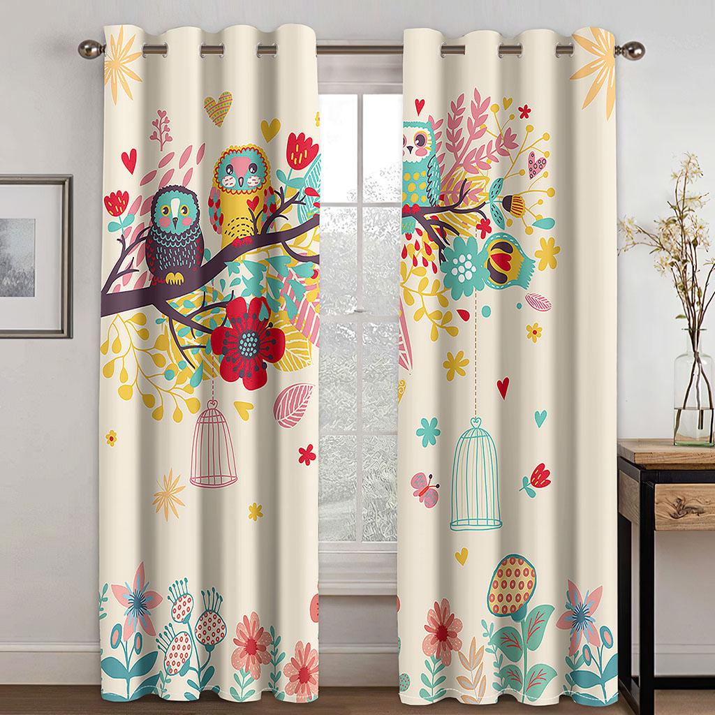 Cheap Kids Cartoon Owl Cute Baby Girls Boy Children's 2 Pieces Thin Curtains for Living Room Bedroom Window Decor