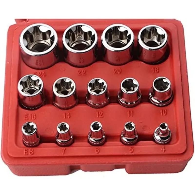 14Pcs E-Torx Hexagonal Plum Torque Socket Set with Case 1/4, 3/8, 1/2 In Drive Female External Star Socket Set E4-E24 Sockets