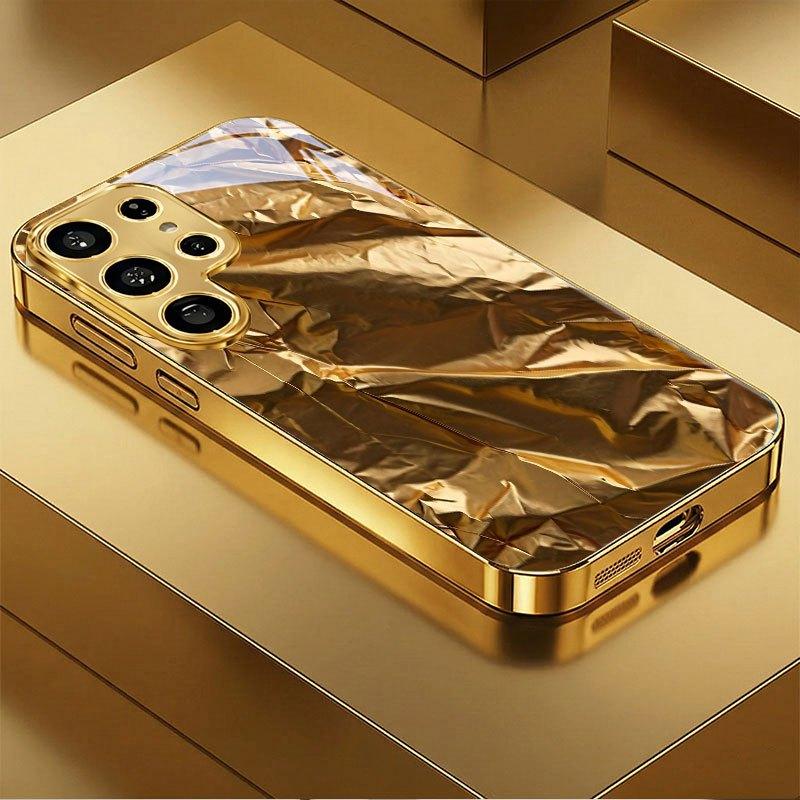 Metallic Paint Tempered Glass Phone Case for Ultra Full Gold Electroplated Frame Crinkle Gold Foil Glossy Mirror Cover