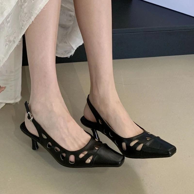 Fashion Comfort Hollow High Heeled Sandals Women Fashion Square Toe Buckle Kitten Heel Brand Designer Shoes Elegant Outdoor Office Shoes