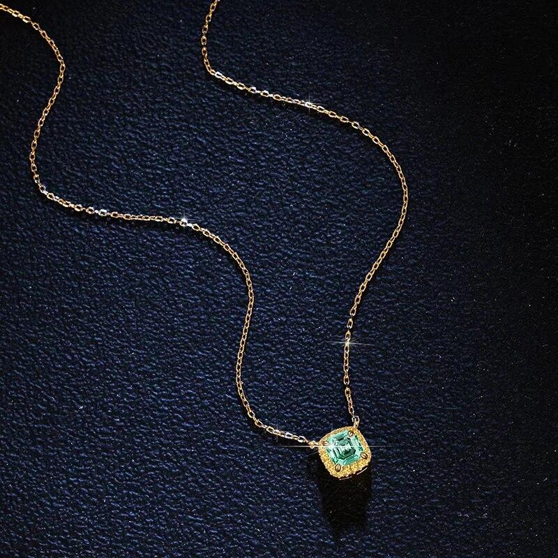 New Real Moissanite Square Pendant Necklace Green Emerald Cut Pure 925 Sterling Silver 18K Gold For Women Fine Jewelry