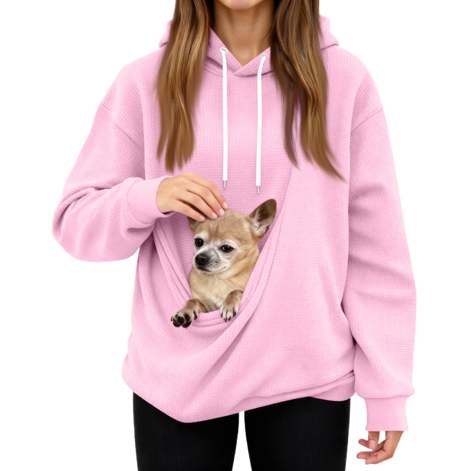 

Чоловічий та жіночий унісекс модний повсякденний топ однотонний з довгим рукавом худі світшот з кишенею для домашнього улюбленця L рожевий