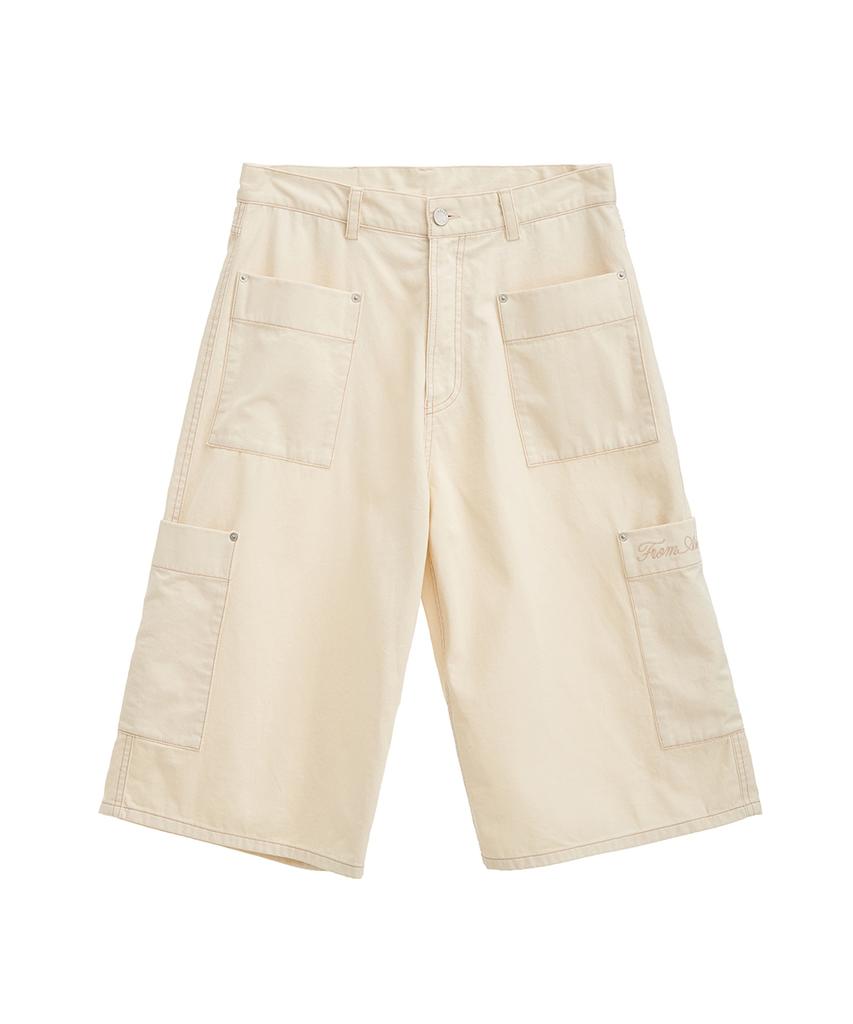 Peulomaleul Utility Pocket Vintage 3/4 Length Washed Denim Pants / Ivory