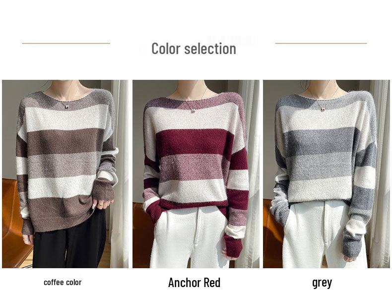Autumn/Winter Wool Color Block Wide Stripe One-Shoulder Pullover Sweater