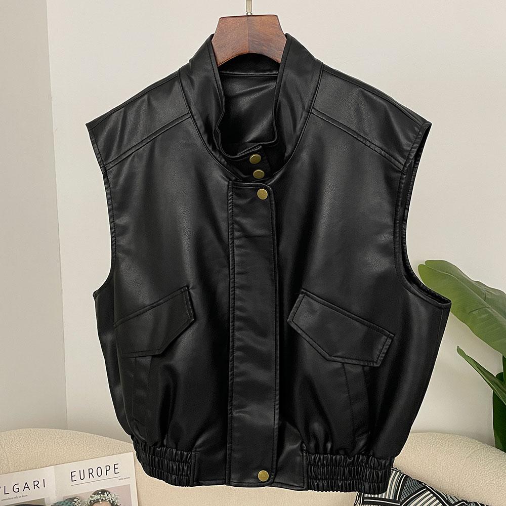 OFTBUY Mujer Vintage Chaleco Suelto Chaqueta Corta de Cuero Sintético PU con Cinturón Chaqueta de Motocicleta Femenina Cremallera Retro Moto Biker Abrigo Prendas de Abrigo Tops