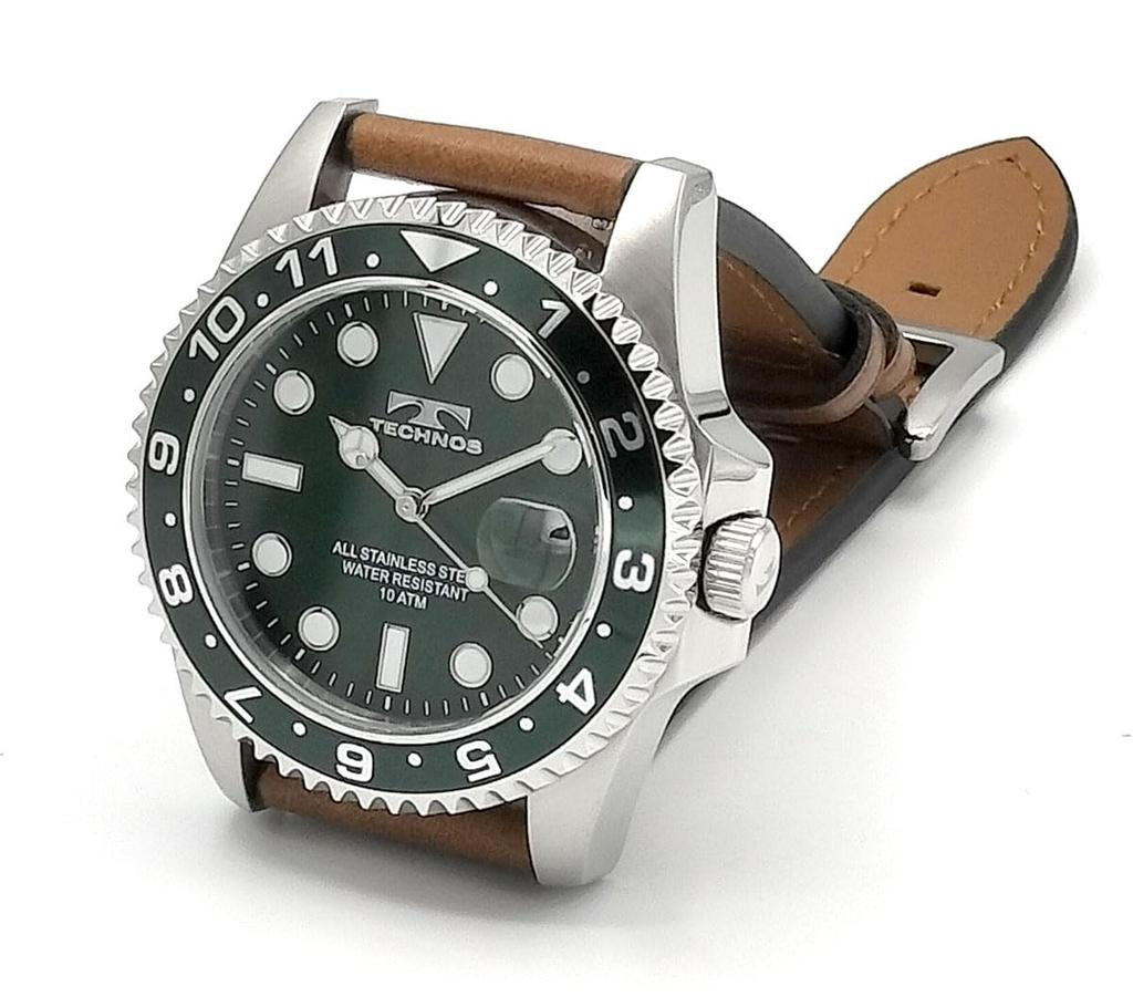 TECHNOS Dive Watch with Leather Metal Rotating Men's Strap, Strap, Bezel, Green, TASM419MM-L